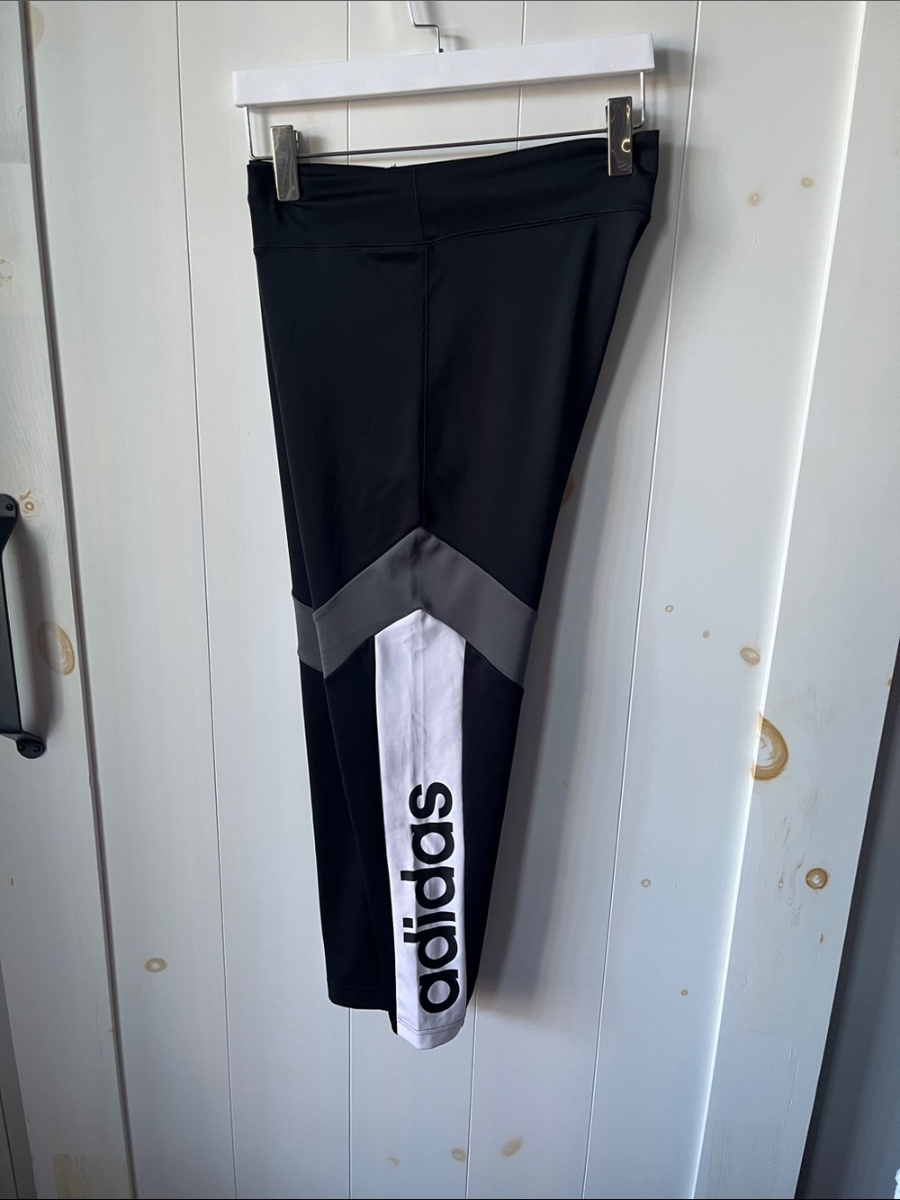 adidas Black Leggings with Gray Chevron and White Logo Stripe